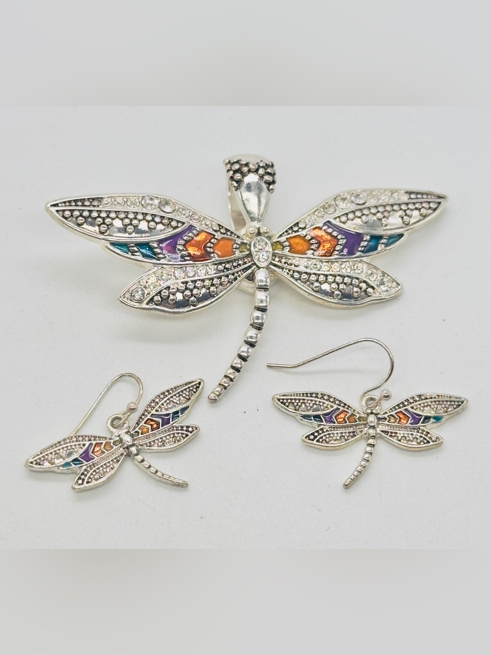 Silver Tone Dragonfly Pendant and Earring Set Marcasite Sparkle Hook Pierced